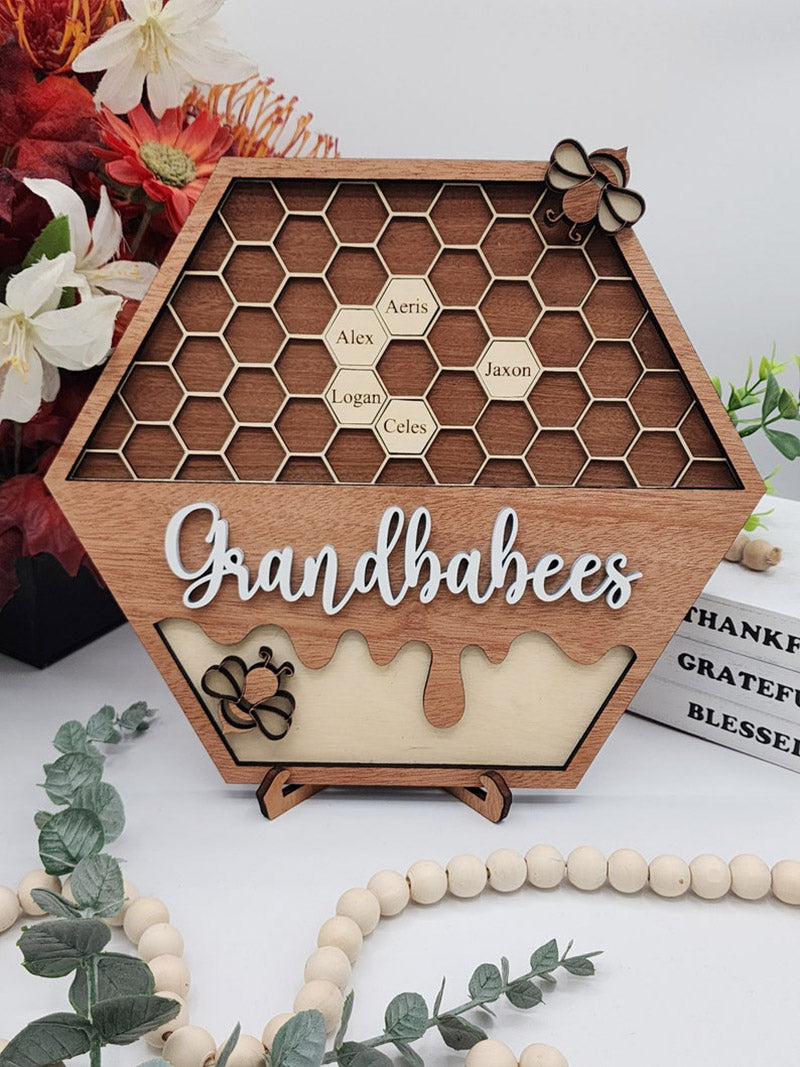 Personalized Bee Hive Family Tree Plaque, Custom Bee Family Gift For Grandma Grandbabees Sign